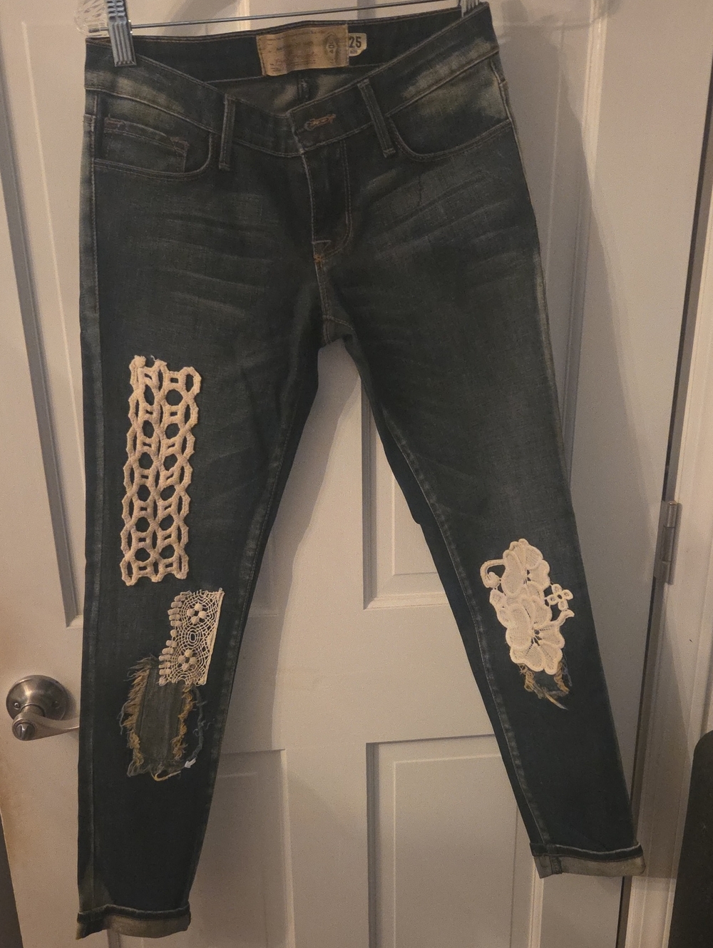 Free People Dark Wash Skinny Jeans with White Crochet Lace Patches